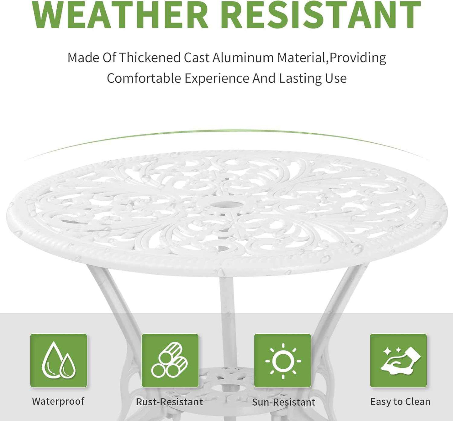 Patio Bistro Sets, Cast Aluminum Bistro Table and Chairs Set of 2 with Umbrella Hole, Bistro Set 3 Piece Outdoor, Metal Patio Furniture Set for Garden Porch, White