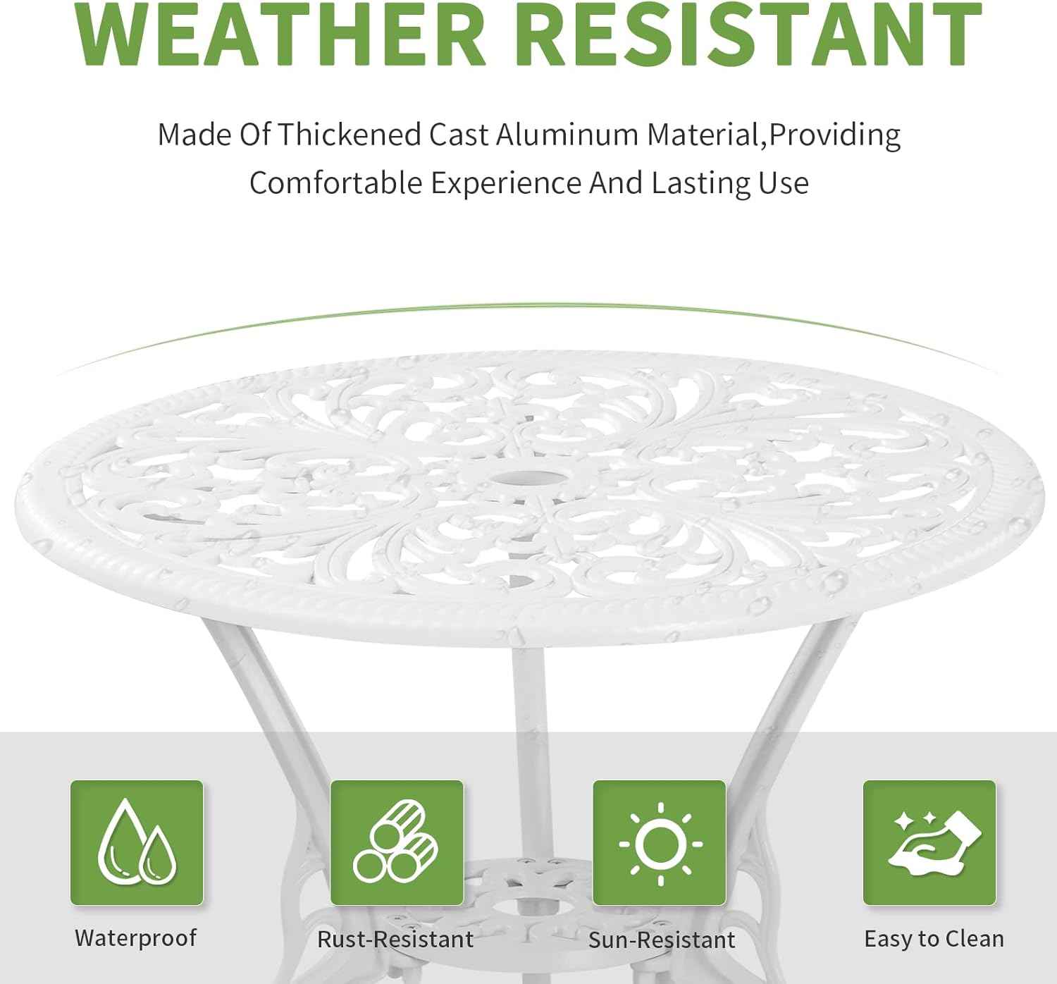 Patio Bistro Sets, Cast Aluminum Bistro Table and Chairs Set of 2 with Umbrella Hole, Bistro Set 3 Piece Outdoor, Metal Patio Furniture Set for Garden Porch, White