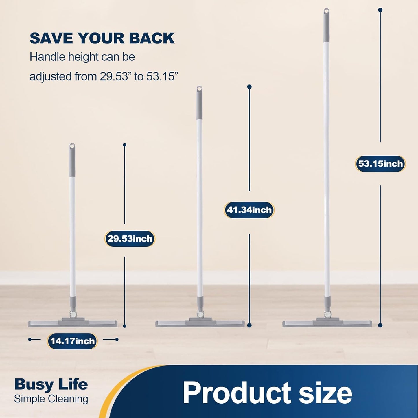 Yocada Rubber Floor Squeegee Broom TPR Blade Adjustable Scrubber Squeegee Household Broom for Shower Bathroom Kitchen Home Tile Pet Hair Fur Floor Marble Glass Window Water Foam Cleaning 53.15"