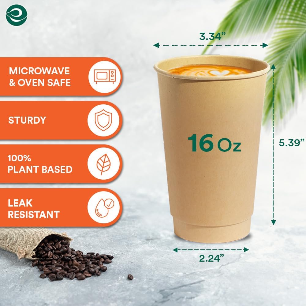 ECO SOUL 100% Compostable Plant-Based 16oz Hot Cups | (50 Count, 16 oz Hot Cups) | Disposable Bagasse Paper Cups | Eco-friendly Cups | Sturdy, Microwave & Oven Safe
