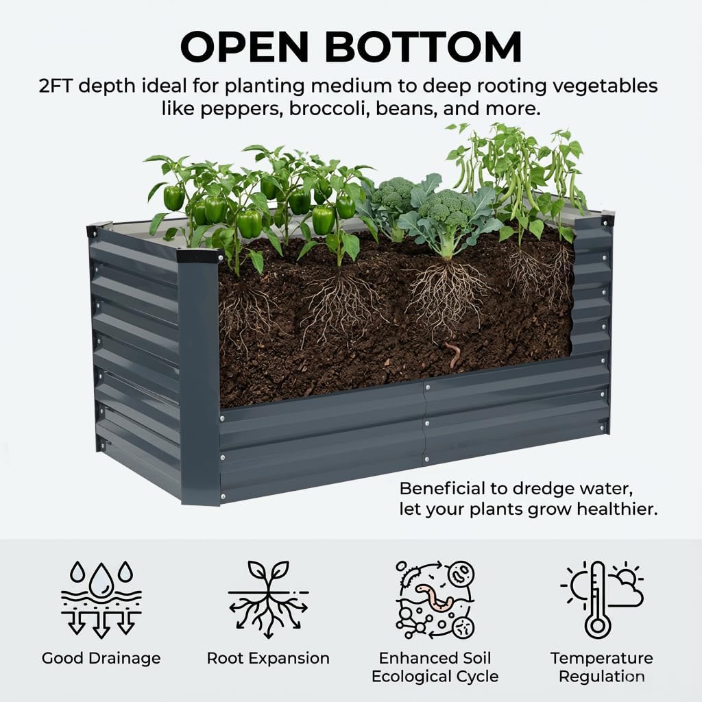 Galvanized Raised Garden Bed 4x2x2ft, Raised Beds for Gardening, Reinforced Support Bars & Safety Edges for Vegetables, Flowers, Herbs, Gray (Grey, 4x2x2FT)