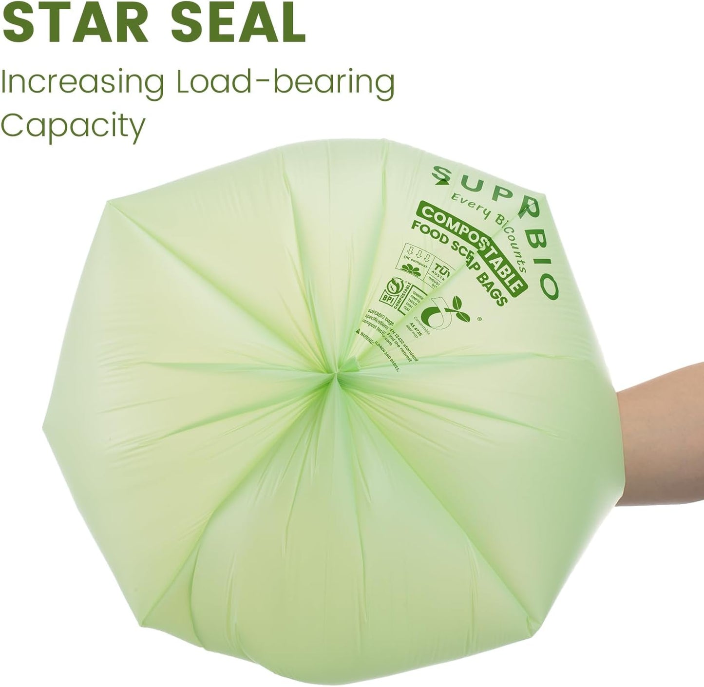 SUPERBIO 2.6 Gallon Flat Top Compostable Food Waste Bags, 100 Count, 2 Pack,9.84L, Food Scrap Bags, BPI Certified and OK compost INDUSTRIAL