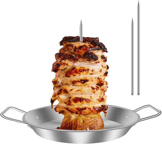 Vertical Skewer Pan, BBQ Skewer for Al Pastor, Stainless Steel Vertical Spit Stand with 3 Removable Spikes (8" / 10" / 12") for Oven Grill Use, for Shawarma Kebabs Tacos Barbecue Dishes