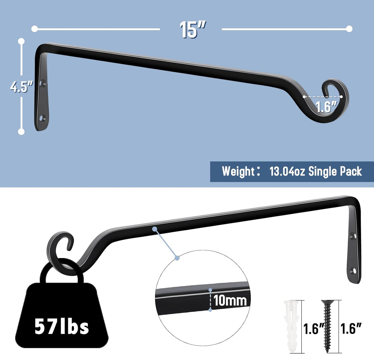 FEED GARDEN 15 Inch 2 Pack Hand-Forged Hanging Plant Bracket Heavy Duty Metal Plant Hangers for Outdoor Hanging Bird Feeders Lanterns Wind Chimes Black
