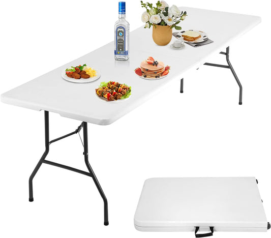 8FT Folding Table, Heavy Duty Foldable Table with Handle, Portable Fold-in-Half Utility Tables for Indoor & Outdoor Use Perfect for Camping BBQ Party Wedding Market Events, White