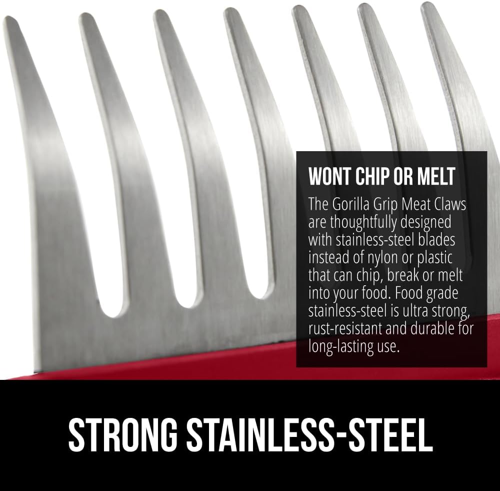 GORILLA GRIP BPA-Free Chicken Shredder Meat Claws, Sharp Stainless Steel Food Shredding Fork, Comfortable Handle, Easily Shred Pulled Pork, Taco Meats, Kitchen Smoker BBQ Tool, Dishwasher Safe, Red - Lumora Garden