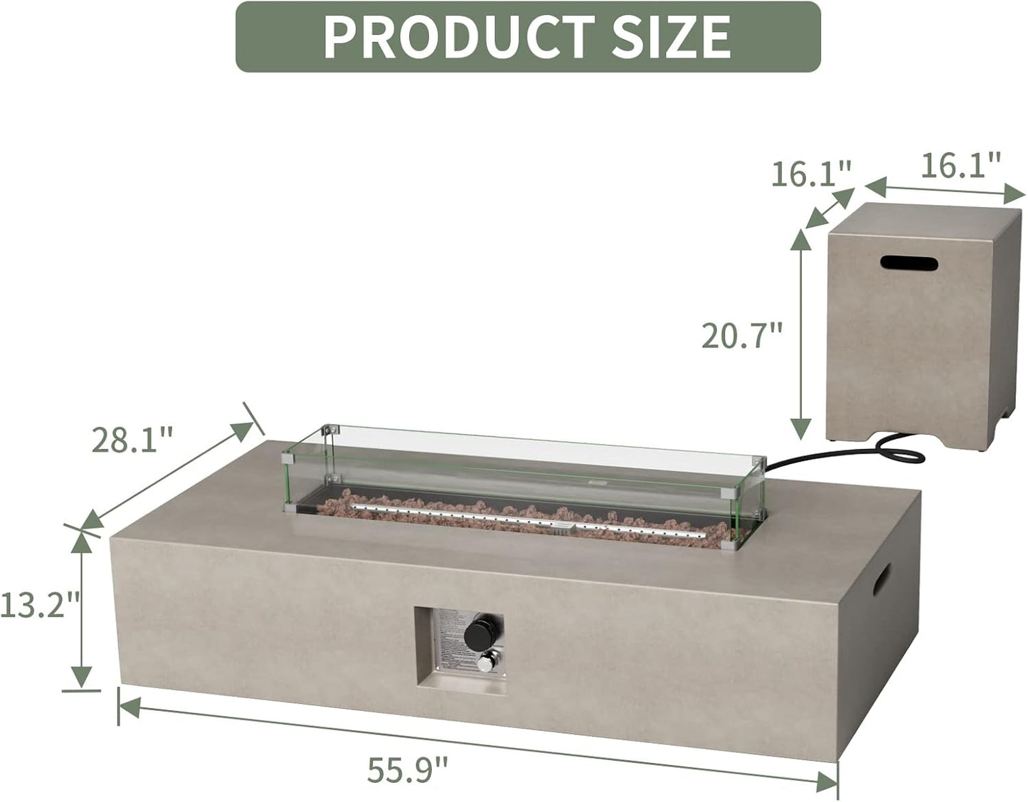 COSIEST 2-Piece Outdoor Propane Fire Table Set, Rectangle Concrete 56" x 28" Gray Fire Pit (CSA Certified, 50,000 BTU) w 20lb Tank Table, Wind Guard, Waterproof Cover for Garden, Porch, Backyard