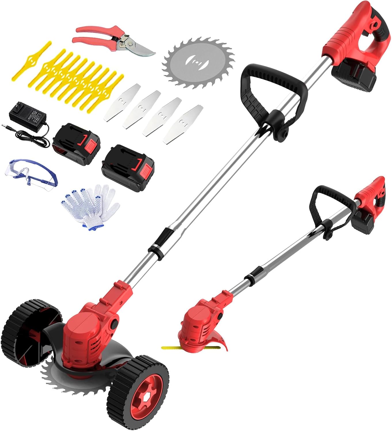 Cordless Weed Wacker Eater Battery Powered, 21V Electric Weed Trimmer with 2 Battery Operated & Charger & Wheels & Shears, 3 in 1 Lightweight No-String Grass Trimmer/Brush Cutter/Lawn Edger for Garden