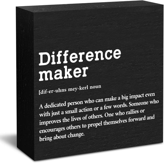 Difference Maker Definition Wooden Box Sign, Rustic Inspirational Home Office Decor, 5 x 5 Inches, Black, Square