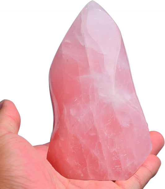 AMOYSTONE Large Rose Quartz Flame Shaped Stone Real Rose Quartz Healing Crystal Tower Spiritual Home Decor for Witchy Room 1.5-2.2LB