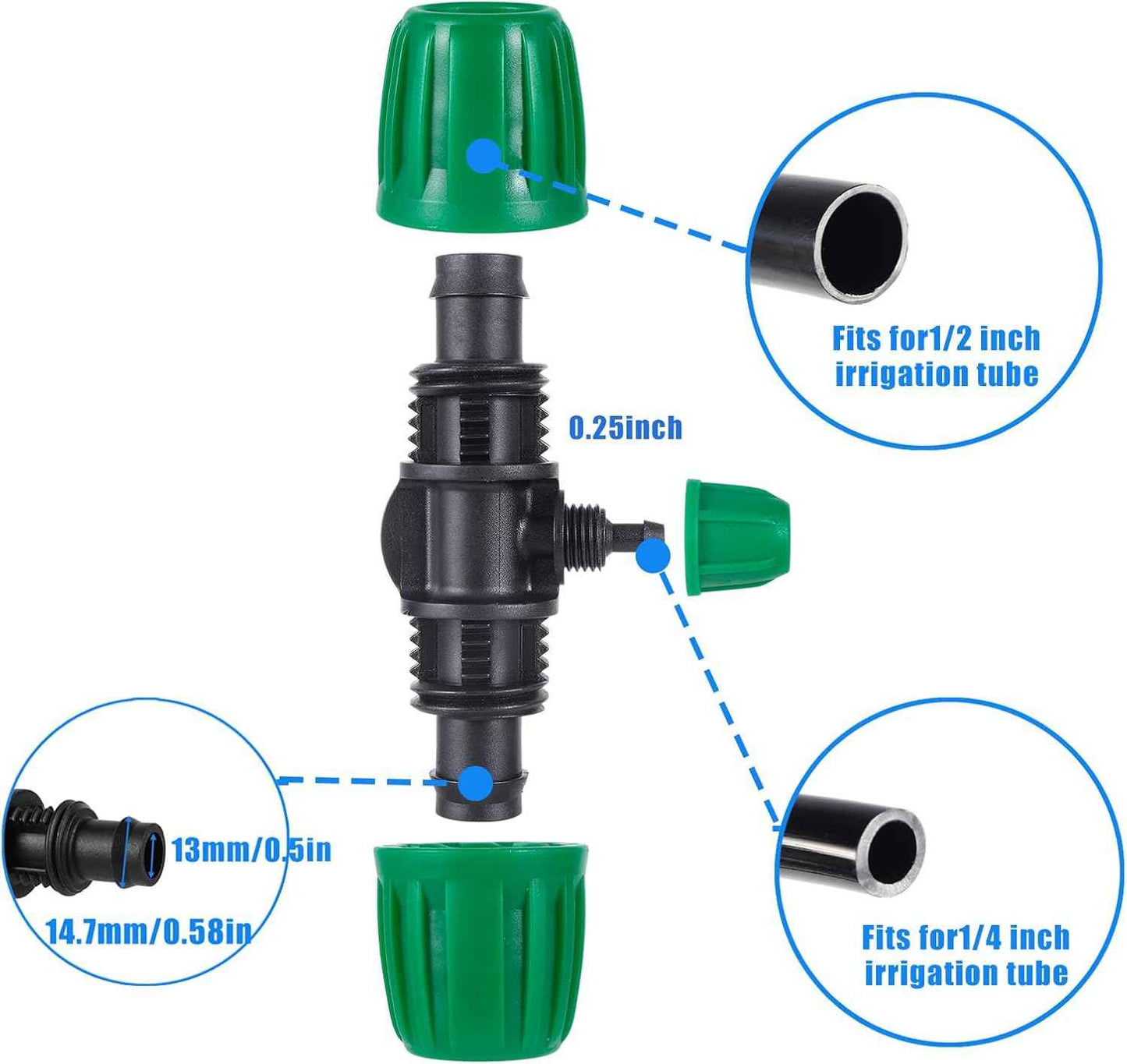 10 Pcs 1/2 to 1/4 inch Garden Hose Tubing Irrigation Fittings,3-Way Anti-Leak 1/2'' to 1/4'' Locked Barbed Drip Irrigation Tee Connectors (1/2"IDx0.6-0.63"OD) 1/2'' to 1/4'' Irrigation Tubing Fitting