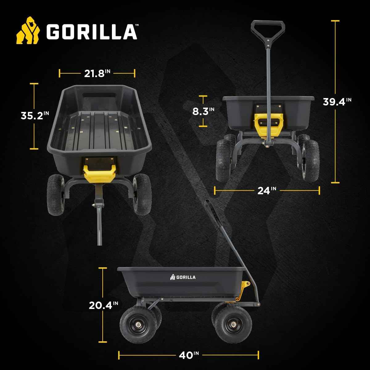 Gorilla Carts Heavy-Duty Dump Cart, Patented Quick-Release Dumping, Steel Frame, 600 lb Capacity, No-Flat 10-Inch Tires, Utility Wagon for Garden, Yard, Beach