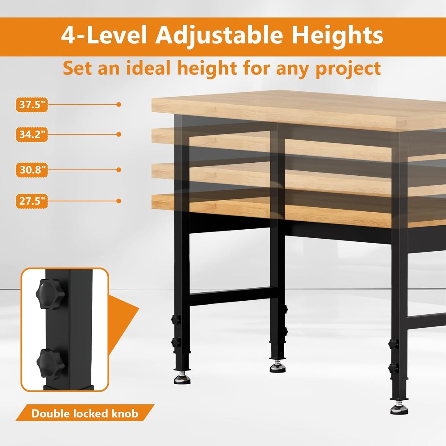Solid Wood 48" Work Bench, Adjustable Height Workbench, Heavy-Duty Work Table, 2000 LBS Load Capacity Workstation for Garage, Workshop, Office, Home(48" X 24")