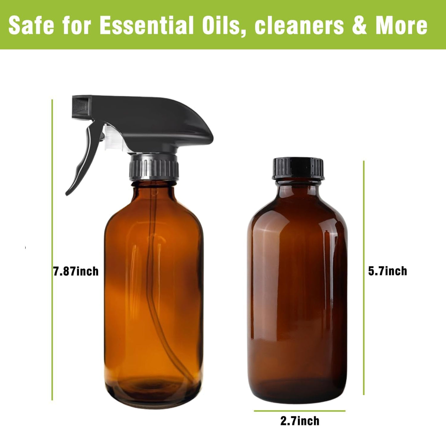 8OZ Amber Glass Spray Bottles - 2 Pack - Empty Refillable Bottle for Essential Oils, Plants, Cleaning Solutions, Hair Mister - Durable Nozzle w/Fine Mist and Stream Setting