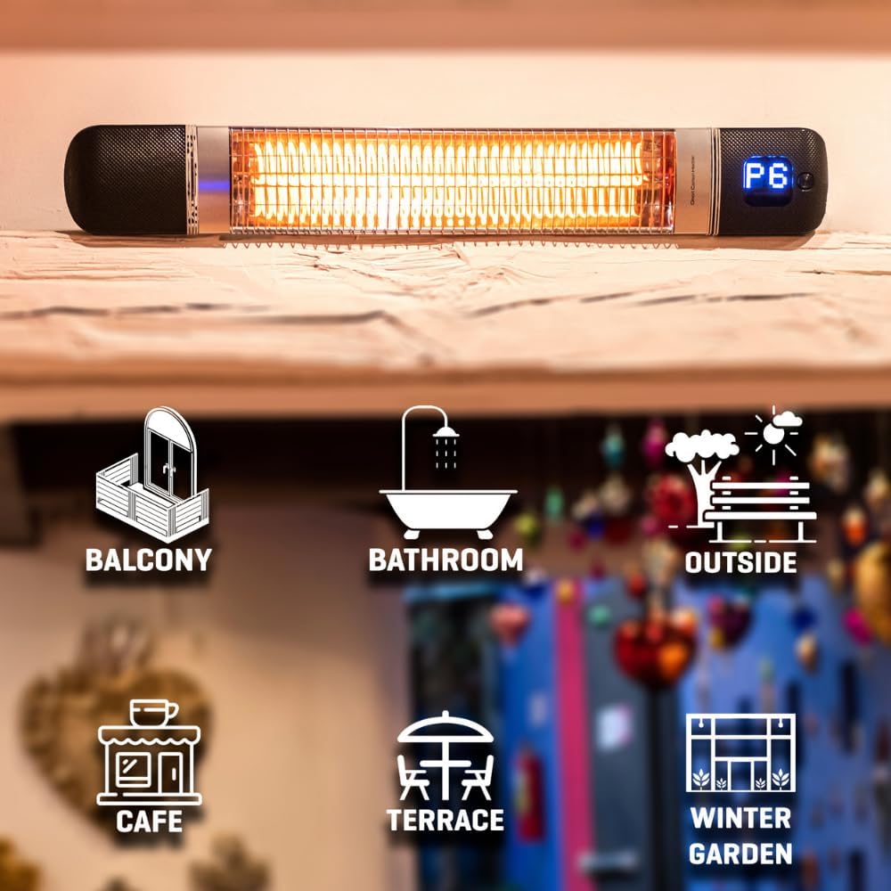 Luxeva Infrared Patio Heater, Carbon Wall Mounted Heater 300/1500W, 6 Heat Modes Outdoor Heater, IP55 Waterproof, Instant Heat in 3 Seconds, Remote Control (BLACK)