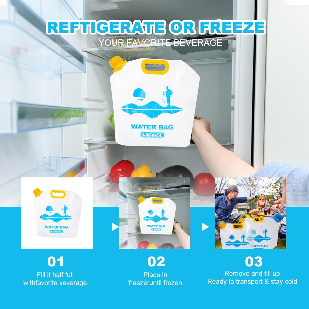 Collapsible Emergency Water Container Bag,WaterStorageCube,Flat Folding,BPA Free Food Grade,Clear Plastic Storage Jug for Camping Hiking Backpack,No-Leak Freezable,Water Bottle 1.3 Gallon/2pcs