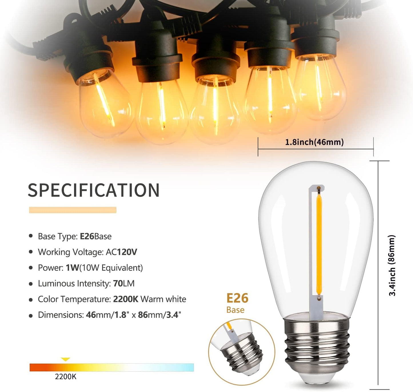 S14 Replacement LED Light Bulbs, Shatterproof & Waterproof 1W S14 LED Bulbs, Outdoor String Lights , E26 Base Patio Edison LED Light Bulbs, Warm White 2200K Plastic 70ML Non-Dimmable 15 Pack