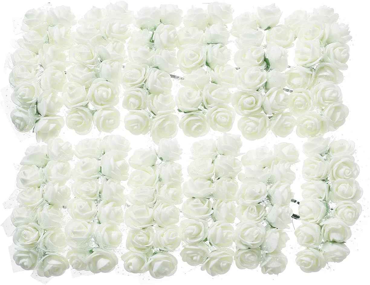 144PCS Mini Fake Roses Artificial Foam Rose Heads with Wire Rods DIY Wedding Flowers Accessories Make Bridal Hair Clips Headbands Dress,Milk White
