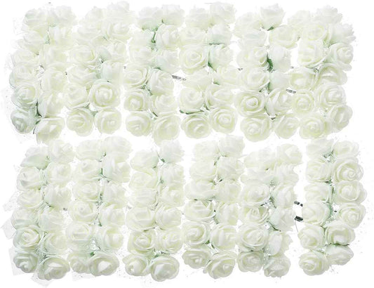 144PCS Mini Fake Roses Artificial Foam Rose Heads with Wire Rods DIY Wedding Flowers Accessories Make Bridal Hair Clips Headbands Dress,Milk White