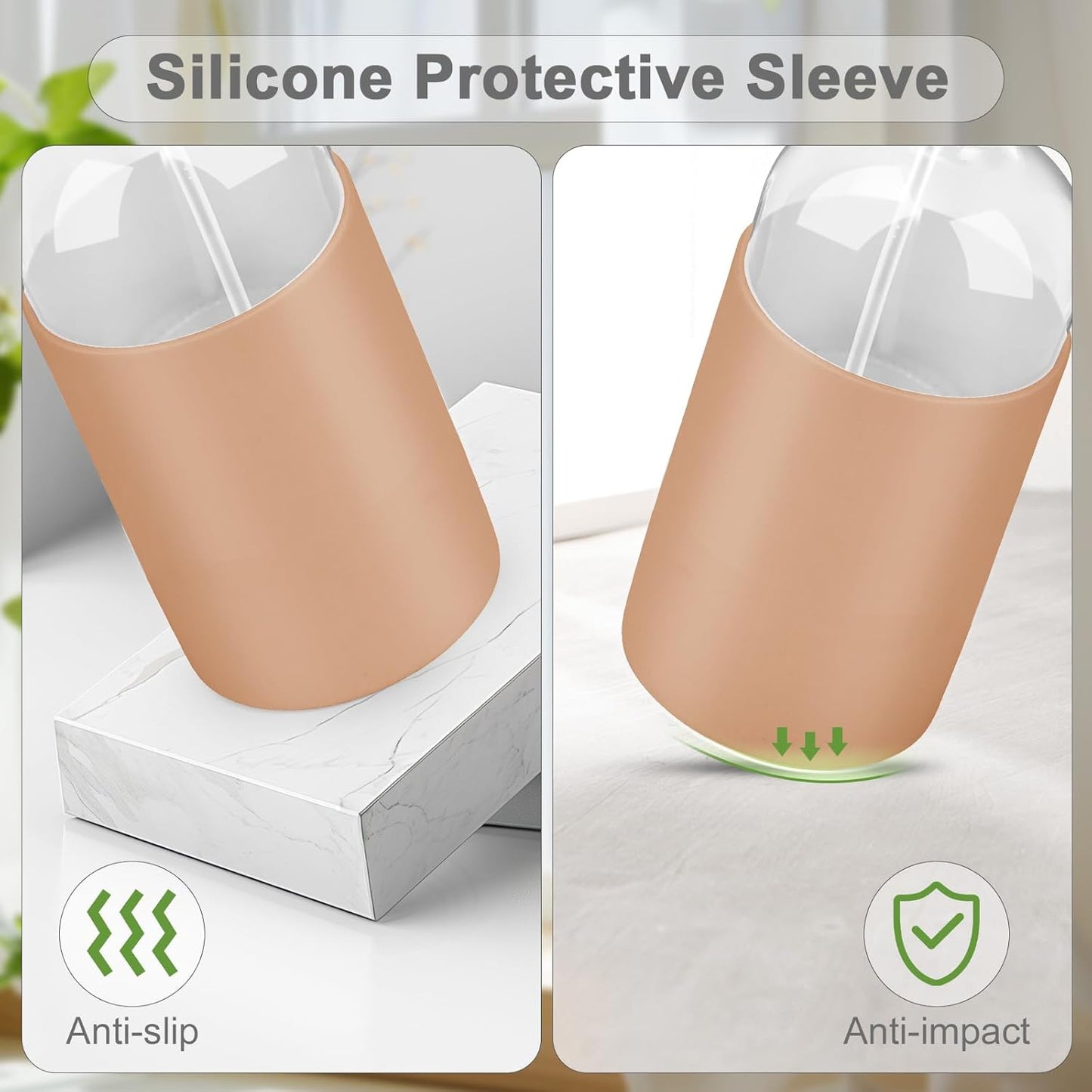 2 Pack Glass Spray Bottles with Long Silicone Sleeve, 16 oz Empty Refillable Containers with Adjustable Spray Nozzles, Spray Bottles for Hair, Cleaning Solutions and Plants khaki