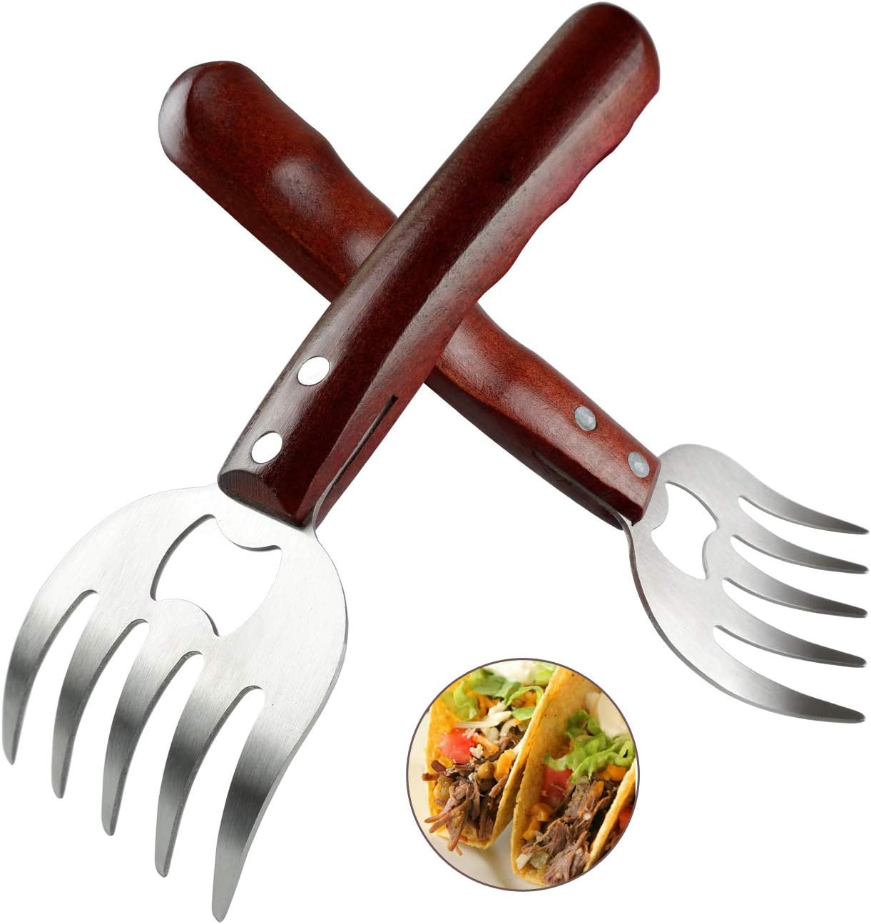 AIYUE Meat Shredding Claws Stainless Steel Pulled Pork Shredder Meat Claws for BBQ Shredding Pulling Handing Lifting & Serving Pork Turkey Chicken with Long Wood Handle (2 PCS,BPA Free) - Lumora Garden