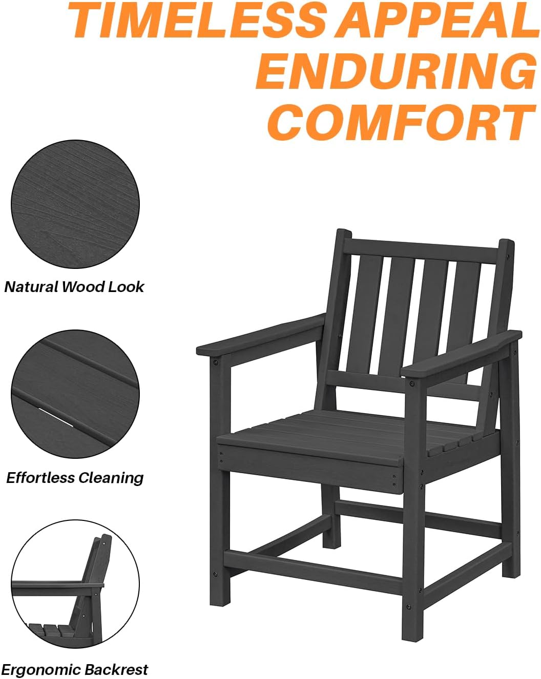 HDPE Dining Chair Set of 4, Outdoor Dining Chair with Deep Seating, All Weather HDPE Patio Dining Chairs, Ergonomic Outdoor Chairs Furniture for Backyard, Poolside, Garden, Deck, Obsidian