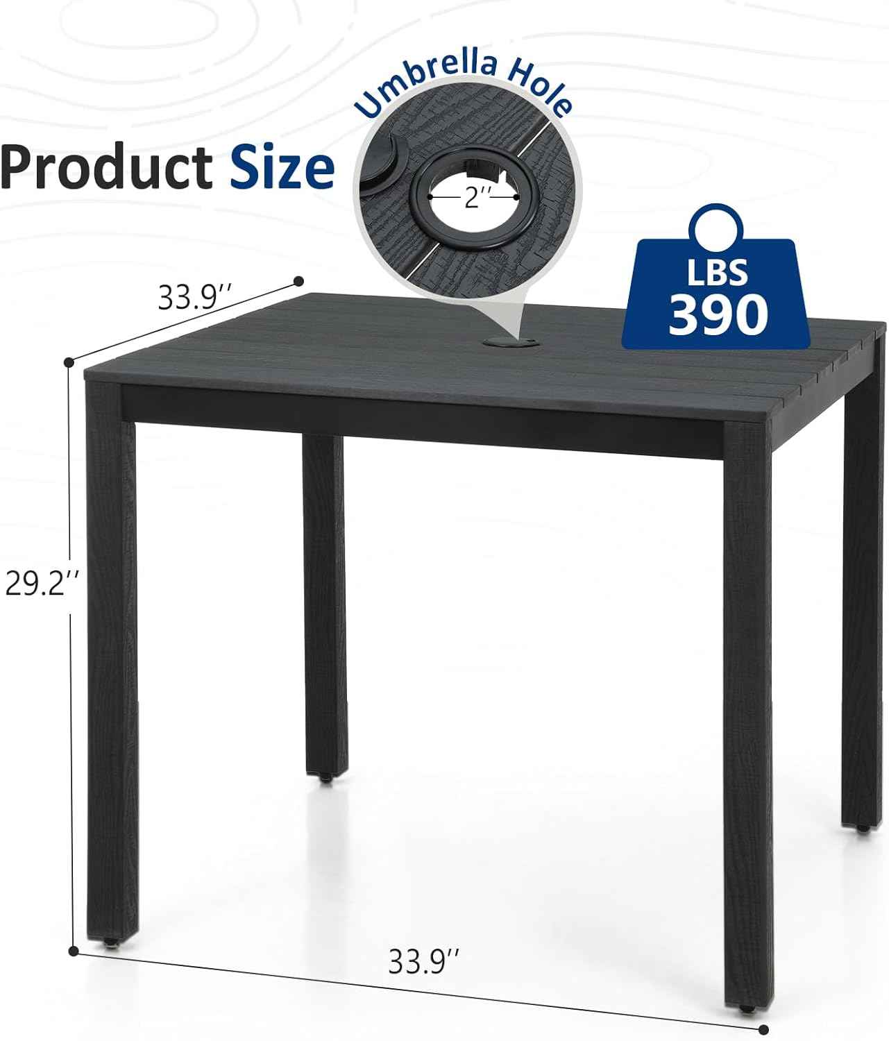 Outdoor Dining Table, Weatherproof 34" Square HIPS Patio Dining Table for 4, with 2" Umbrella Hole, Outdoor Table for Backyard Deck Poolside, Black