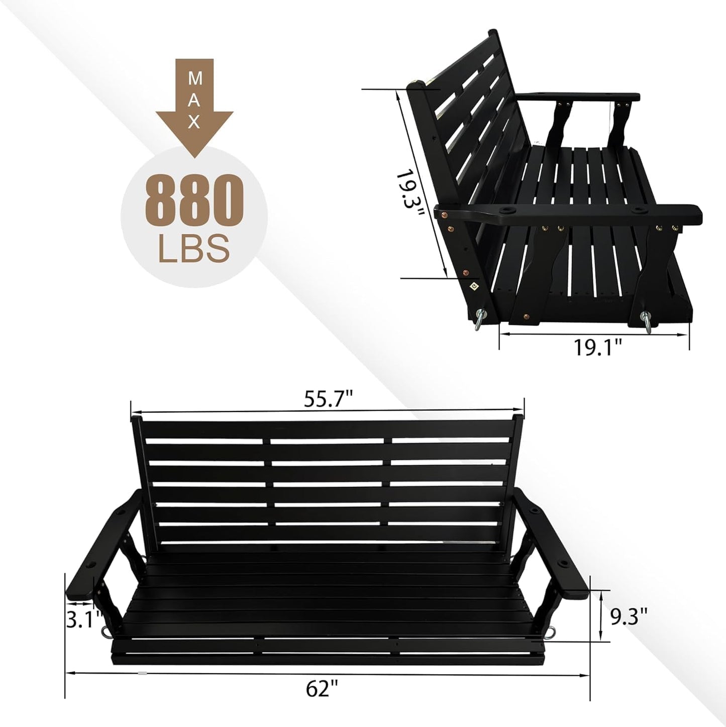 Wooden Porch Swing, Ergonomic Seat, Bench Swing with Hanging Chains and 7mm Springs, Heavy Duty 880 LBS, for Outdoor Patio Garden Yard (Carbon Black, 3-Seater Extra Large)