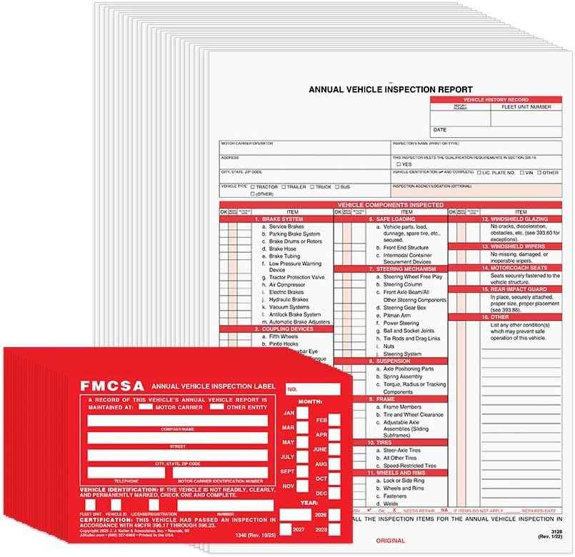 J. J. Keller 25-Pack, Annual Vehicle Inspection Report Form & Red FMCSA Label Aluminum, 3-Ply Carbonless Form, DOT Compliant