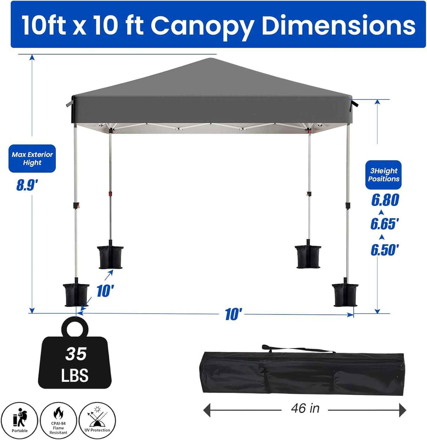 Pop Up Canopy Tent, 10x10 Outdoor Shade, One Push Instant Outdoor Canopy, Easy Set Up Tent, Portable Instant Beach Canopy Tents, Sun Shelter for Events, Parties, Camping