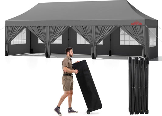 10x30 Heavy Duty Pop Up Canopy with 8 Sidewalls, 550D Commercial Easy Up Canopy Tent, Waterproof Outdoor Party Event Tent with Roller Bag, Grey