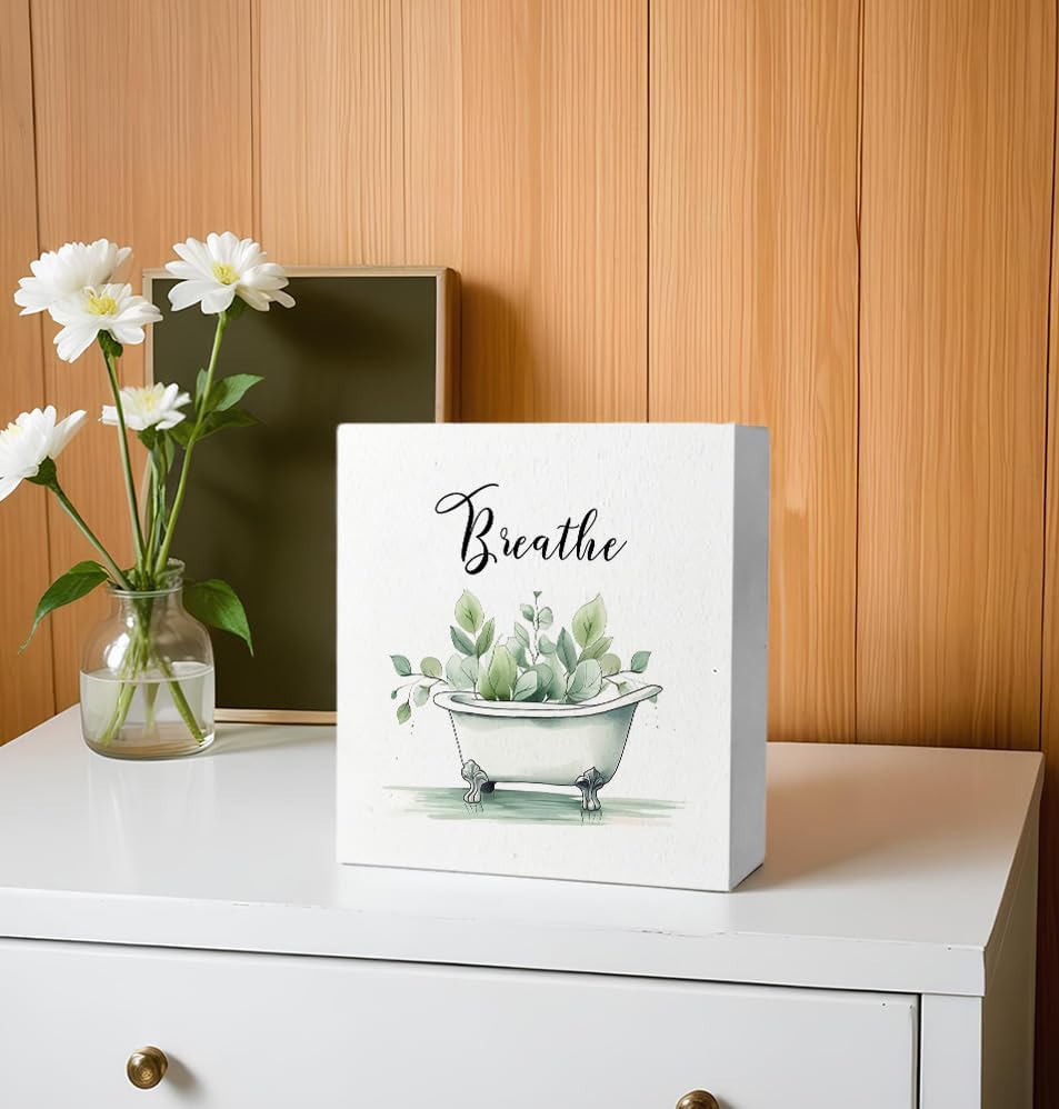 Breathe Funny Bathroom Wooden Box Sign, Eucalyptus Botanical Wood Signs for Restroom Bathroom Toilet Half Bath Shelf Counter Decor, 5x5 Inch
