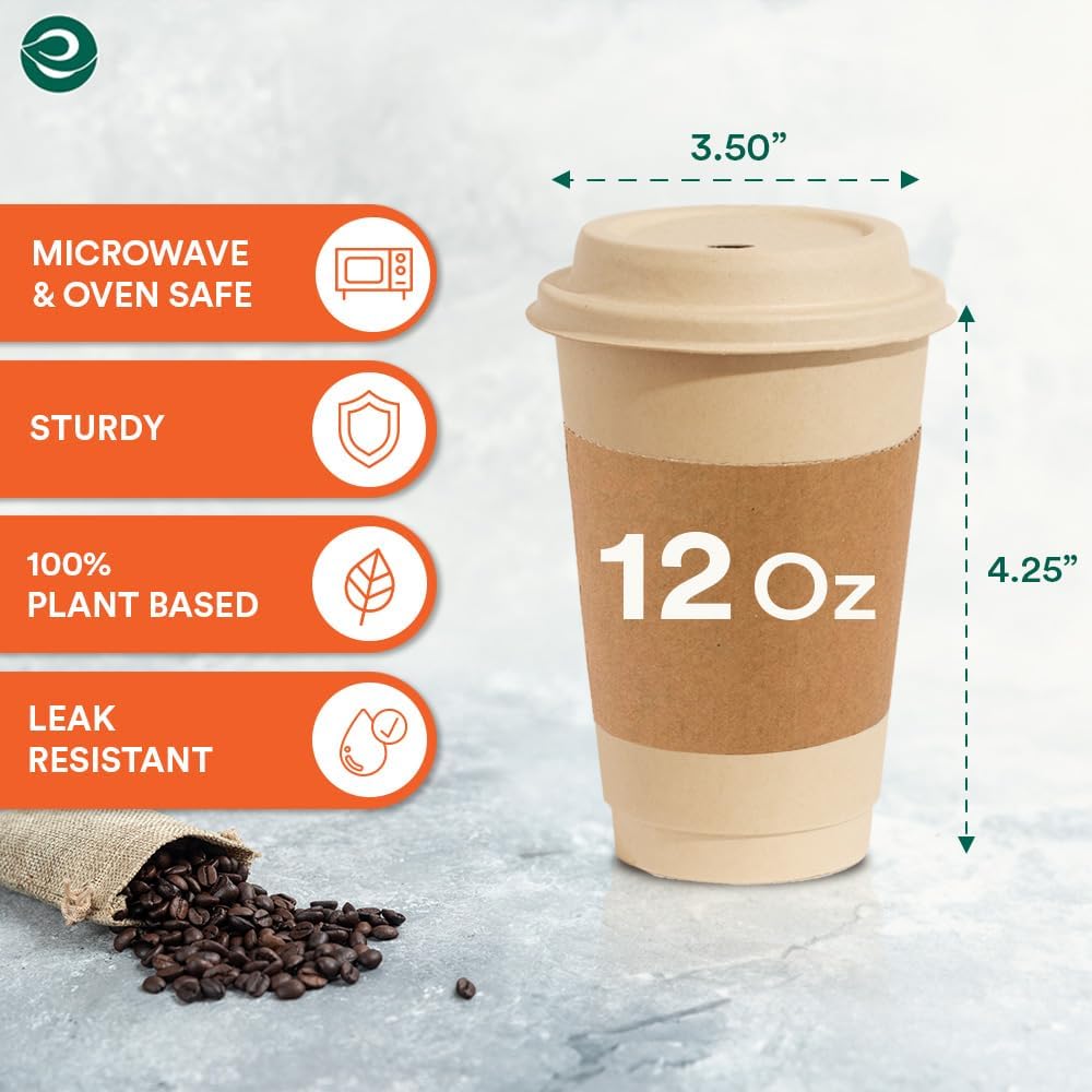 ECO SOUL 100% Compostable Coffee Cups With Lids & Sleeves - 12 Oz (200 Counts) To Go Coffee Disposable Bagasse Cups |Sturdy & Eco-Friendly Cups for Cafes, Party, Office