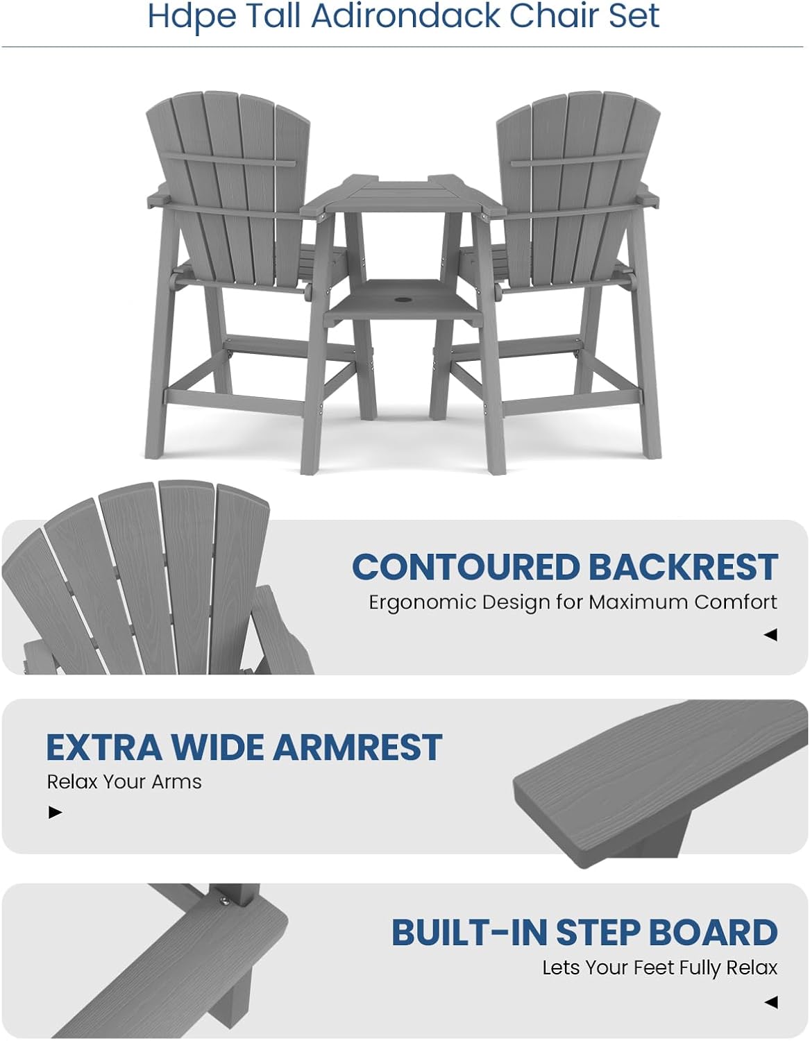 Ciokea Tall Adirondack Chairs Set of 2, HDPE Outdoor Adirondack Bar Stools with Double Connecting Tray, Weather Resistant High Back Adirondack Balcony Chairs for Deck, Lawn, Pool, Backyard, Grey