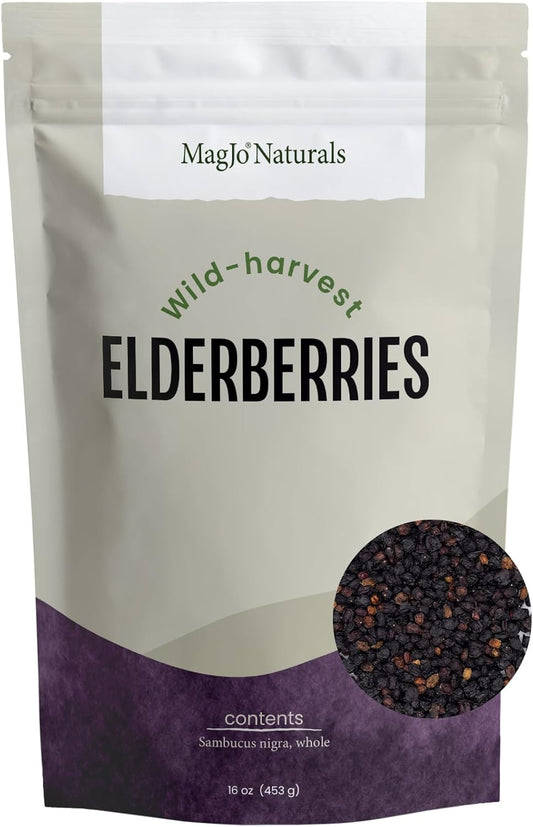 MagJo 100% Wild Harvest Dried Elderberries - 1lb Bulk - Non-Irradiated, Whole Black Elderberry Immune Support - Raw Vegan Sambucus 1 Pound