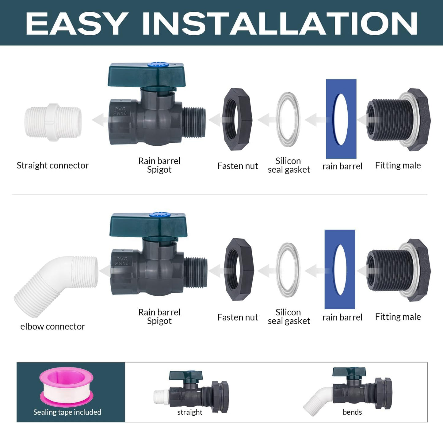 2 Pack Rain Barrel Spigot, 3/4" GHT Water Barrel Spigot Kit PVC Bucket Spigot with Bulkhead Fitting PVC Faucet Spigot Quarter Turn Ball Valve Spigot for Water Tanks, Aquariums,Garden Barrel