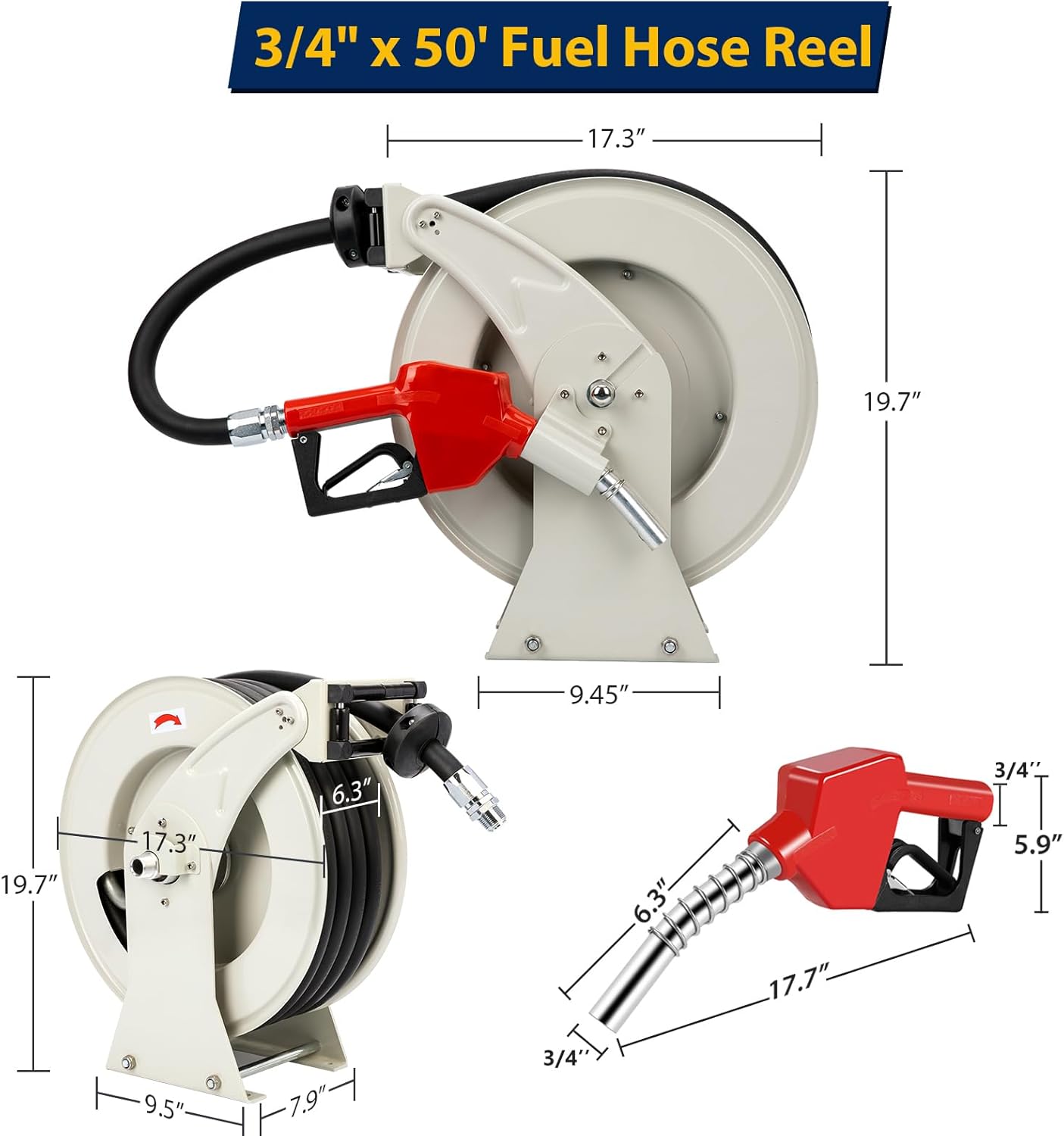 Diesel Fuel Hose Reel Retractable 3/4" x 50' Spring Driven Auto Swivel Rewind Industrial Heavy Duty Commercial Hose Holder Reel with Fueling Nozzle for Aircraft Ship Vehicle Tank Truck, 300 PSI
