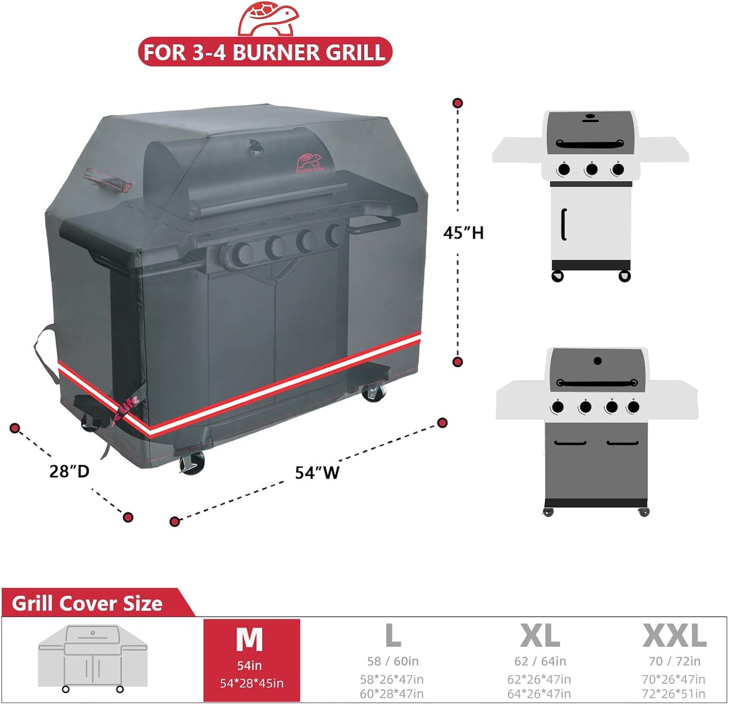 BBQ Grill Cover, 54 Inch Heavy Duty Waterproof 3-4 Burner Barbecue Gas Grill Covers for Weber Spirit Char-Broil Performance and Signature, Black