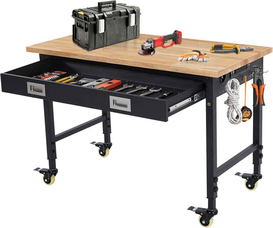 Workbench 48 x 24 Adjustable Height Worktable, Heavy Duty Rubber Wood Top, 2000 LBS Load Capacity, Tool Storage Workstation with Drawer, Pegboard, Power Outlets & Lockable Wheels
