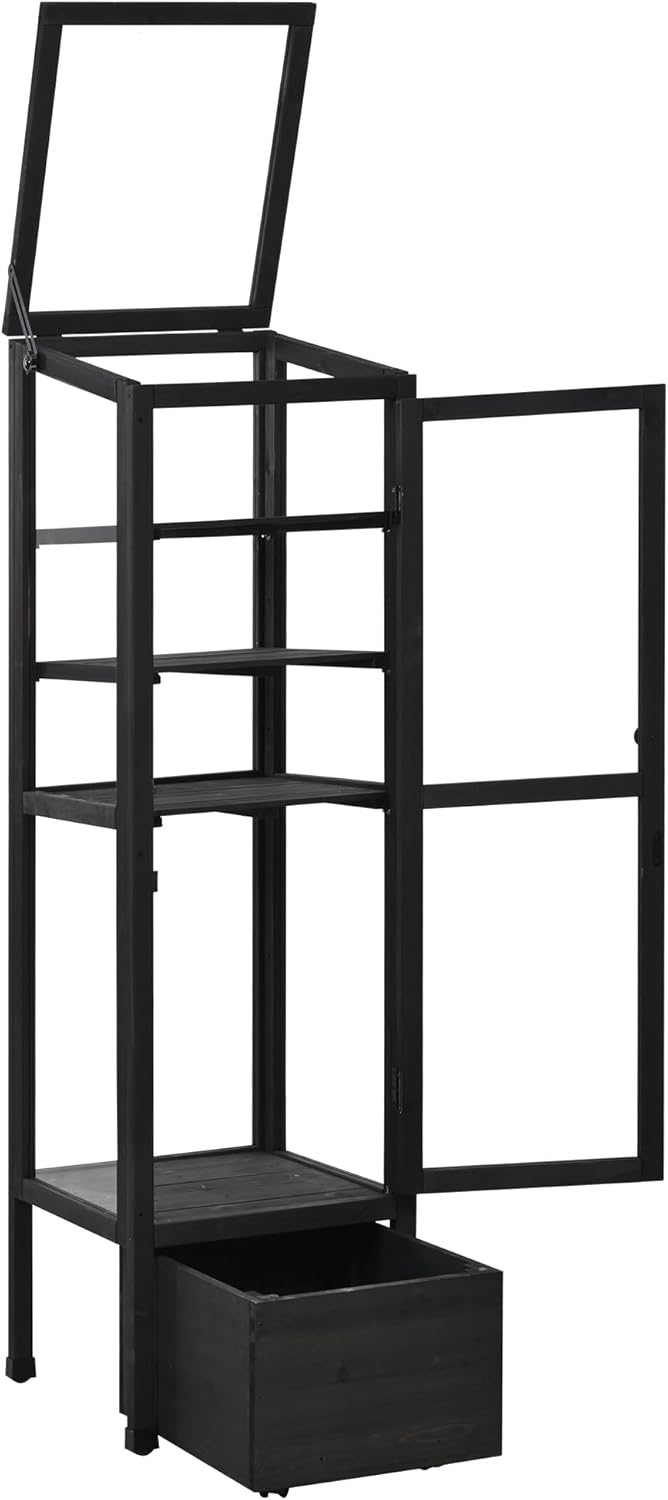 62.4inch Height Wood Garden Greenhouse Balcony Portable Mini Cold Frame with Movable Storage Box and Adjustable Shelves for Outdoor Indoor Use Black