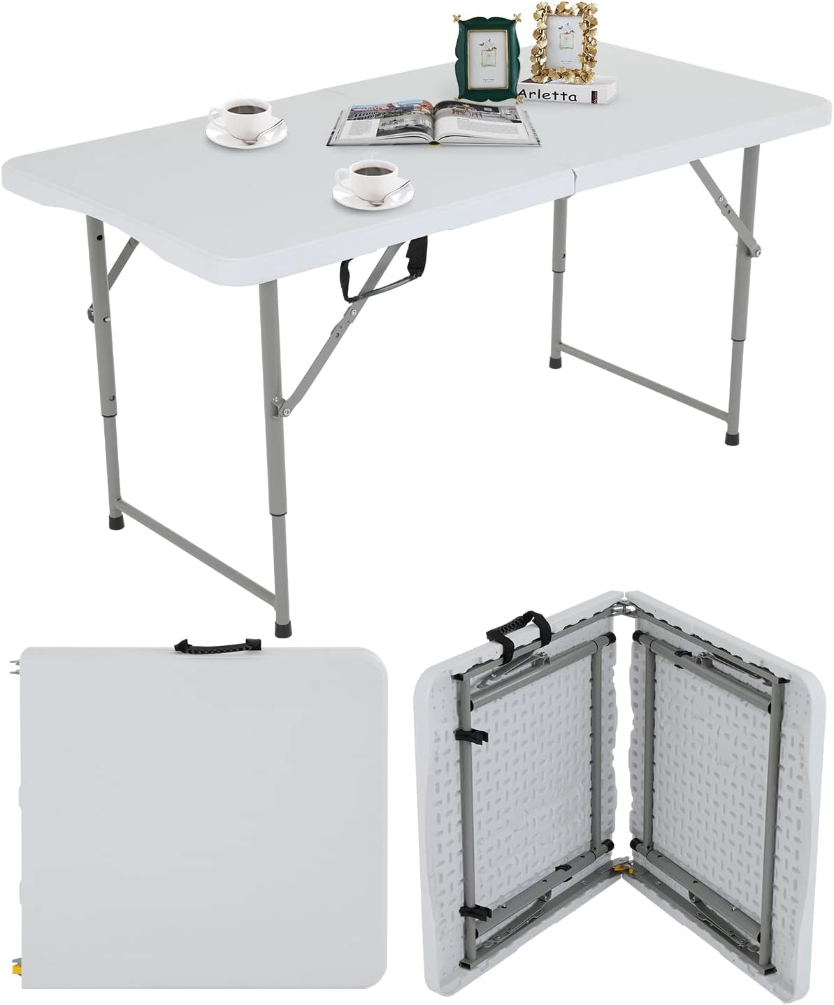 4FT Folding Table, Height Adjustable Table, Heavy Duty Plastic Tables Portable Fold-in-Half Utility Table w/Handle & Lock for Camping BBQ Party Banquet Wedding Market Events, 330LBS