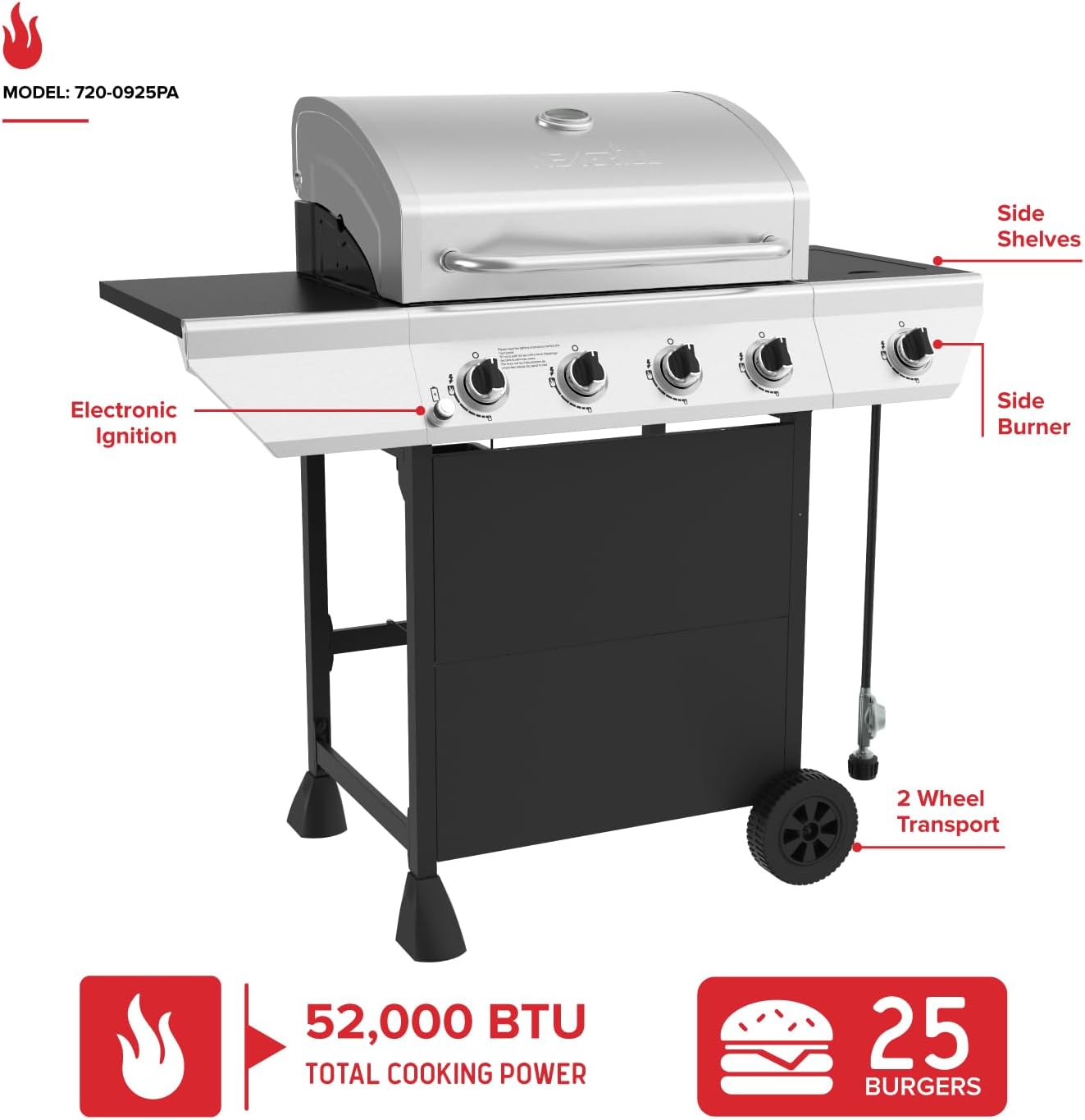 Nexgrill 4-Burner Propane Gas Grill with Side Burner, 52,000BTUs, 562 SQ. In. Cooking Space, BBQ Grill with Stainless Steel Lid & Control Panel for Outdoor Cooking, Patios, and More - 720-0925PA