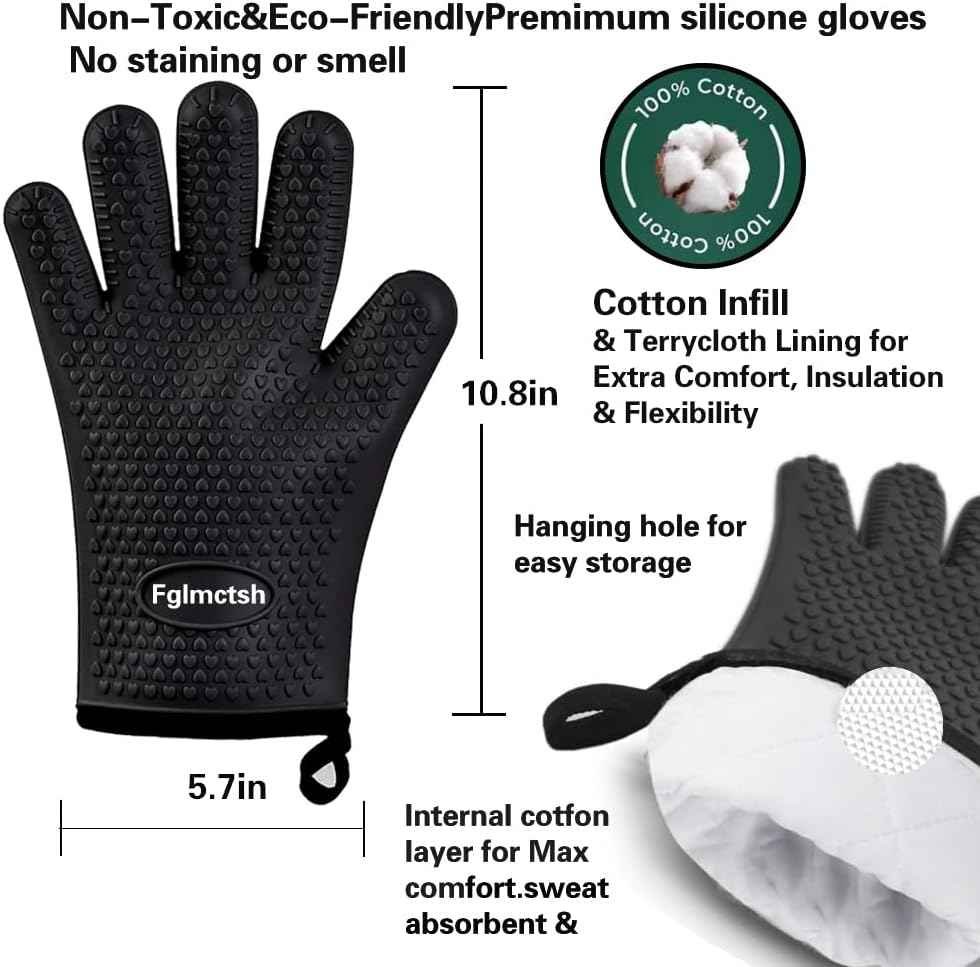Silicone Cooking Gloves,Oven Mitts for Grilling,BBQ Mitt, Kitchen - Safe Handling of Pots and Pans, Extreme Heat Resistant BBQ, Internal Protective Cotton Layer - Heat Resistant