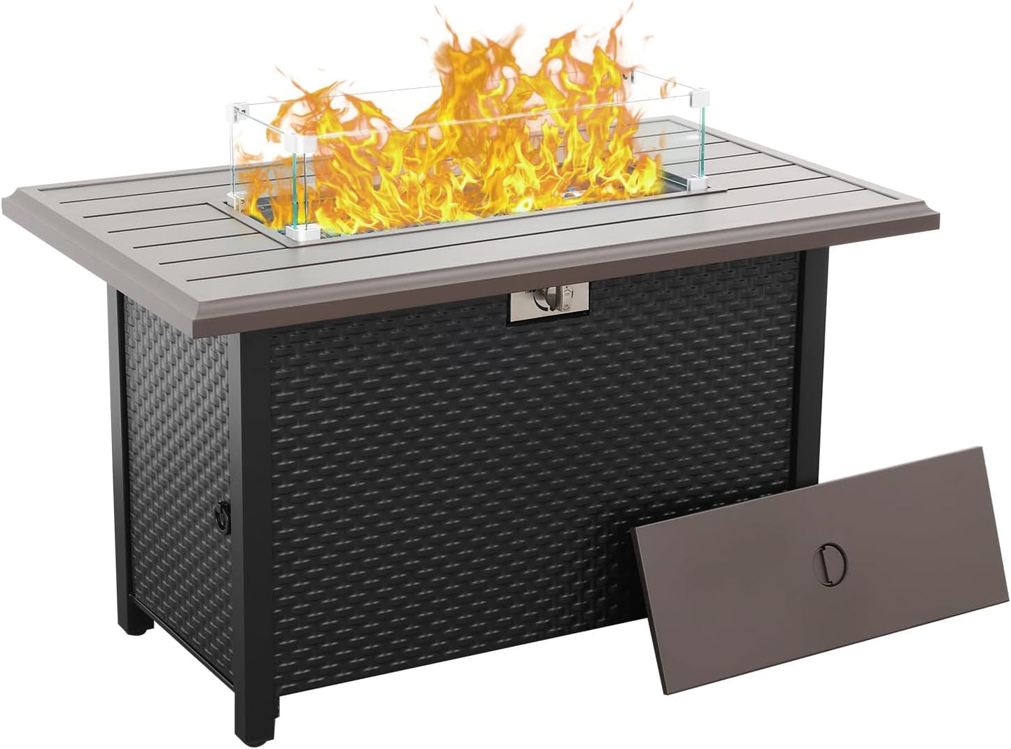 45 Inch Fire Table for Outside 60000 BTU Steel Gas Fire Pit Outdoor Fire Pit Table with Grille Tabletop Glass Wind Guard Fire Pit Cover and Blue Crystal Beads