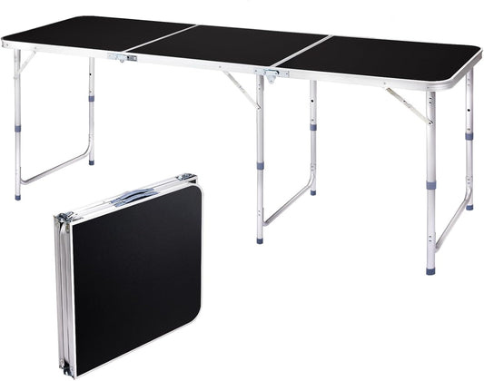 Outvita 6ft Portable Folding Camping Table, Outdoor Waterproof Adjustable Height Table, Aluminum Lightweight Suitcase Foldable Table for Picnic BBQ Beach Dining