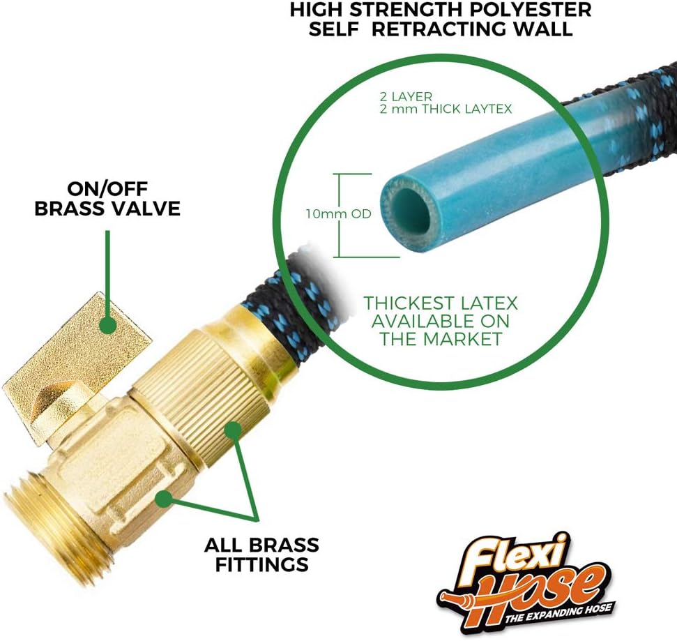 Flexi Hose with 8 Function Nozzle, 75FT - Lightweight Expandable Garden Hose, No-Kink Flexibility, 3/4 Inch Solid Brass Fittings and Double Latex Core