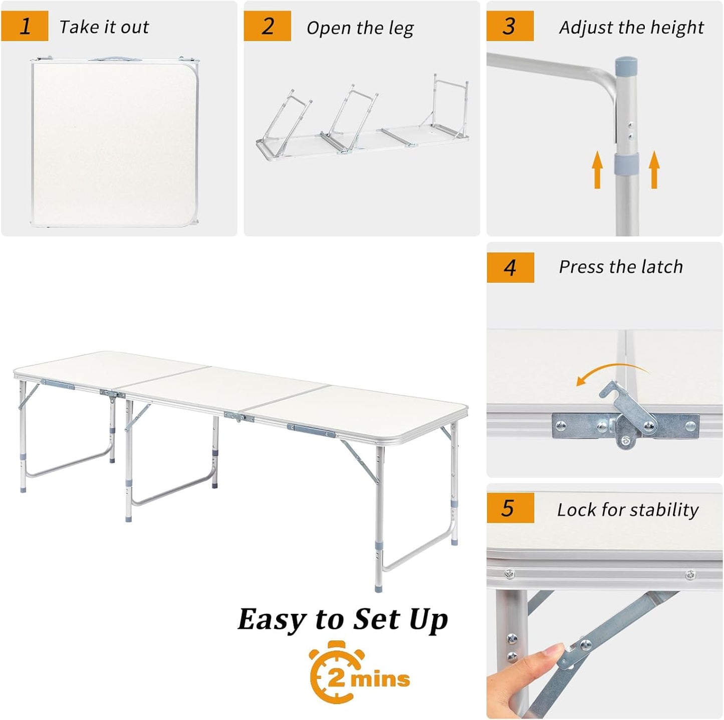 Outvita 6ft Portable Folding Camping Table, Outdoor Waterproof Adjustable Height Table, Aluminum Lightweight Suitcase Foldable Table for Picnic BBQ Beach Dining