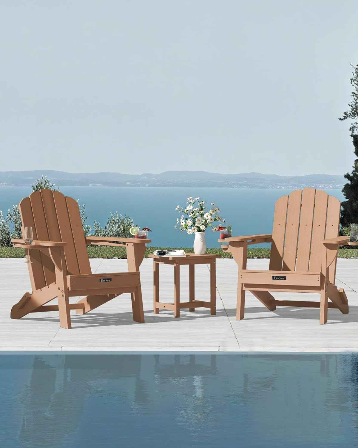 Folding Adirondack Chairs Set of 2, All-Weather HDPE Fire Pit Chair with 2 Cup Holders, Plastic Outdoor Chair for Patio Deck Garden Lawn, Teak