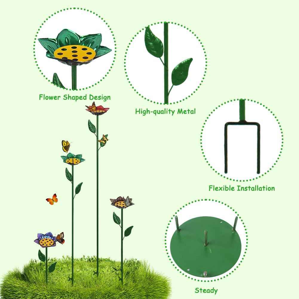 dreamysoul 4 Pack Bee Watering Station, Decorative Metal Bee Bath with Colorful Flower Design for Garden Yard Decor
