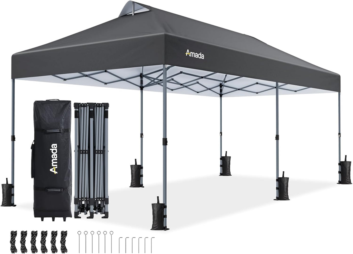 Amada 20x10 Pop Up Canopy Tent - Center Lock One Push Commercial Instant Canopies with 3-Height Adjustable & Wheeled Bag, 12 Stakes 6 Sandbags 6 Ropes, Great for Trade Shows, Events (20x10ft, Grey)